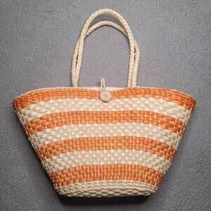 J. Crew Tote Bag Orange Natural Stripe Woven Raffia Straw Beach Market Vacation